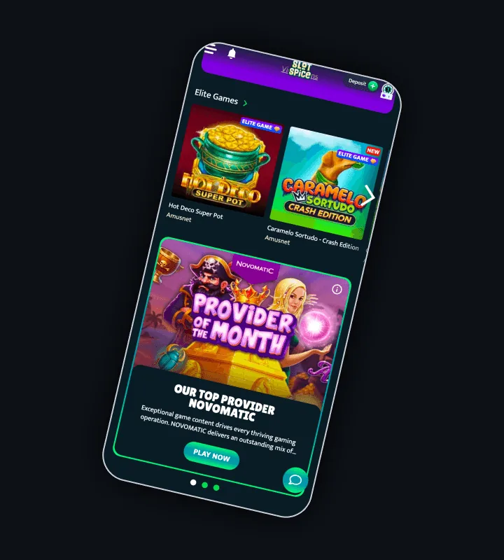 Slotspice på en telefon med rækkerne ELITE og Hot Releases samt to titler fra Amusnet
