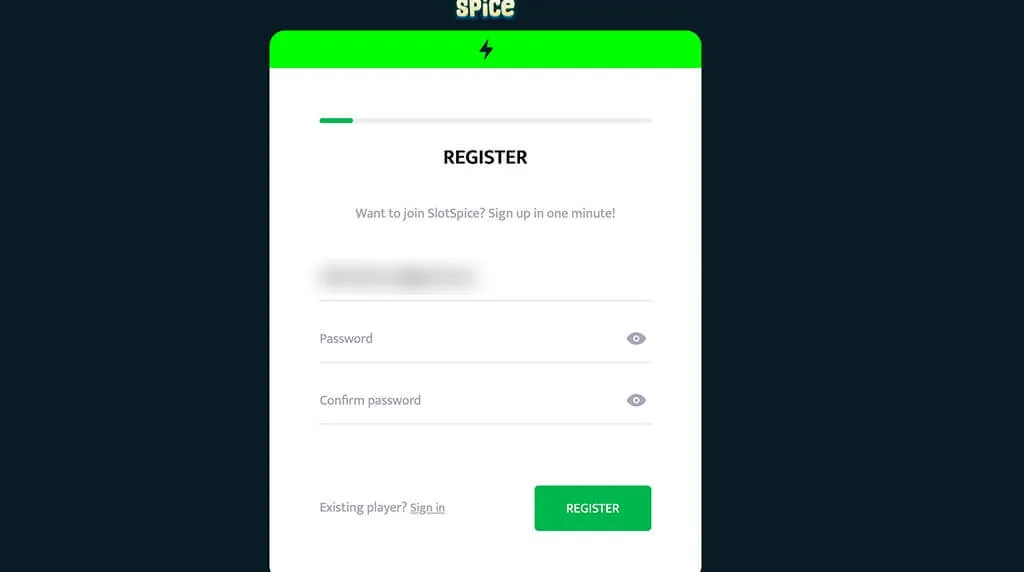 Slotspice registration form with e-mail and password fields